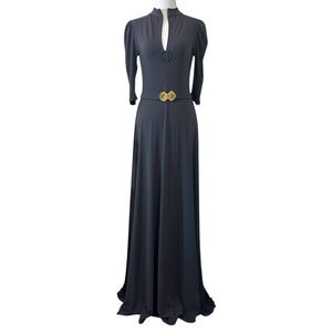 Handmade Israeli Puff Sleeve Gray Maxi Dress Gold Belt Edwardian Victorian Small